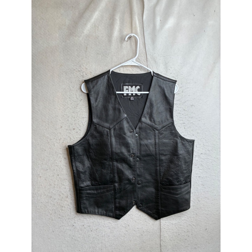 FMC Mens Black Leather Biker Vest Snap Front Motorcycle Waistcoat Size 42
